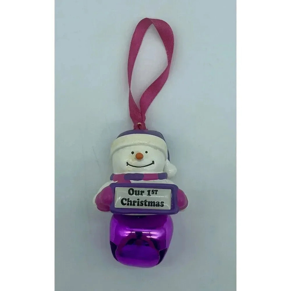 Vintage “Our 1st Christmas”Snowman Jingle Bell Christmas Ornament Purple & Pink